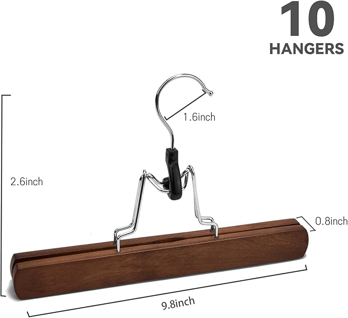 Nature Smile Wooden Pants Skirt Hangers, Smooth Finish Solid Wood Non Slip Jeans Slack Clamp Hangers Hair Extension Hangers (10 Pack Retro)…