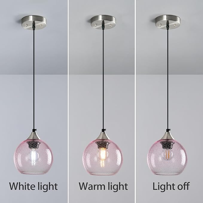 Pink Glass Pendant Lights Kitchen Island Globe Pendant Light Fixtures Modern Pendant Lighting for Bedroom Living Dining Room Light Fixture (5.9 in, 3 Pack)