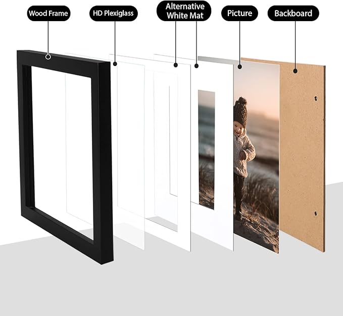 KINLINK 8x10 Picture Frame Black, Solid Wood Frames with Acrylic Plexiglass for Pictures 4x6/5x7 with Mat or 8x10 without Mat, Tabletop and Wall Display Photo Frame, Set of 4