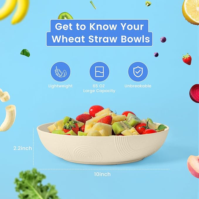 Homienly 65 oz Large Salad Bowls Wheat Straw Big Bowls 10 inch Serving Bowls Wheat Straw Plates Bowls Set of 6 Wide and Shallow Bowls for Kitchen Dishwasher Safe-Beige