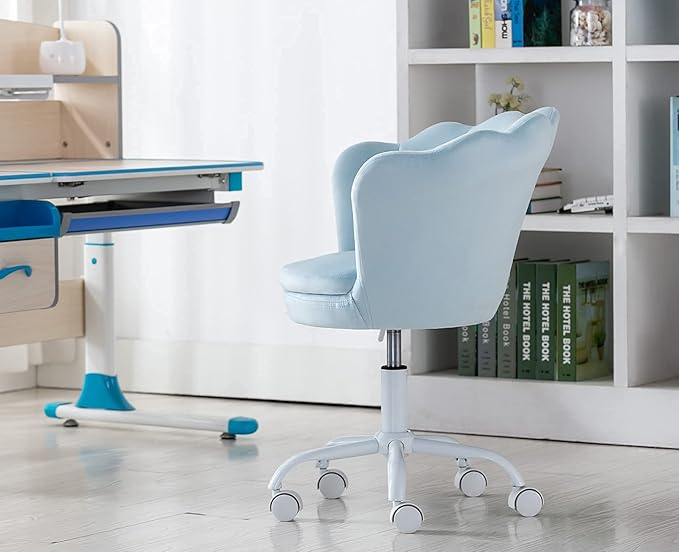 chairus Cute Kids Desk Chair Velvet Living Room Accent Armchair Upholstered Teens Vanity Chair with Seashell Back, Adjustable Swivel Children Study Chair for Computer Homework, Blue