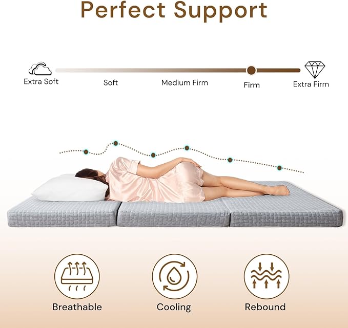 Foldable Mattress, 3 Inch Memory Foam Guest Floor Mat, Tri Folding Portable Mattress for Living Room/Camping, Washable Cover, Non-Slip Design, Twin Grey (Size: 38" L x 74" W x 3" Th)