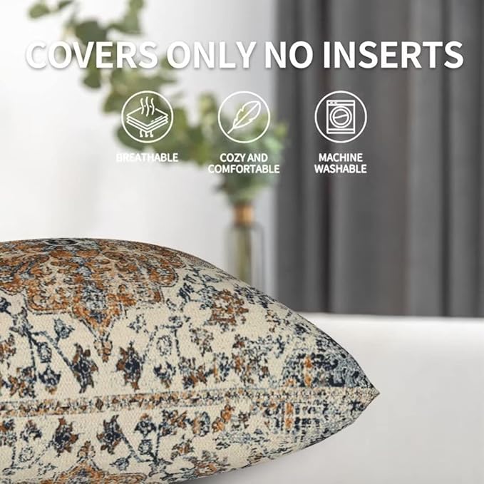 Ethnic Boho Throw Pillow Covers 16x16 Set of 2, Gold Blue Carpet Pattern Pillow Covers Rustic Farmhouse Cushion Cases Linen Decorative Gifts for Couch Sofa Indoor Outdoor