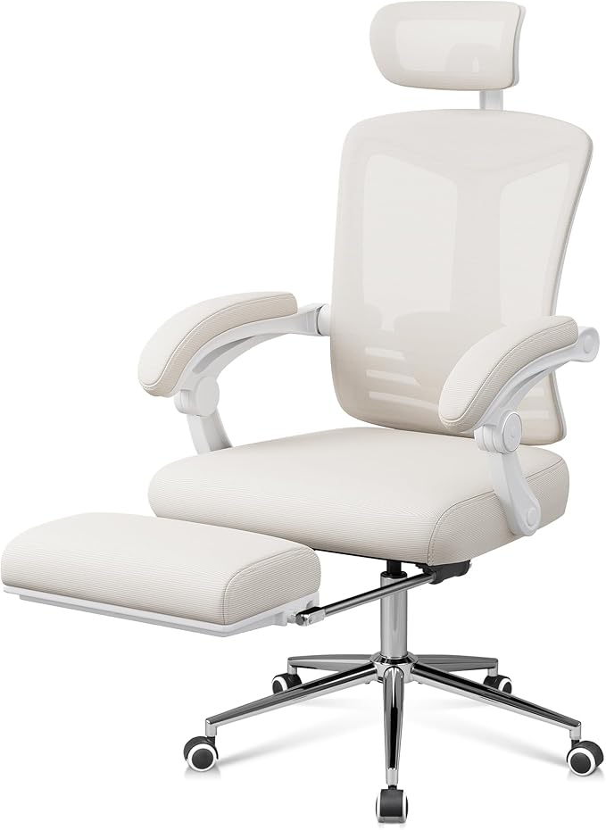 DEVAISE Ergonomic Mesh Office Desk Chair with Footrest, Comfrotable Big and Tall Reclining Computer Chair with Adjustable Lumbar Support, Backrest Adjustable, High Back SGS Class 4 Gas Lift, White