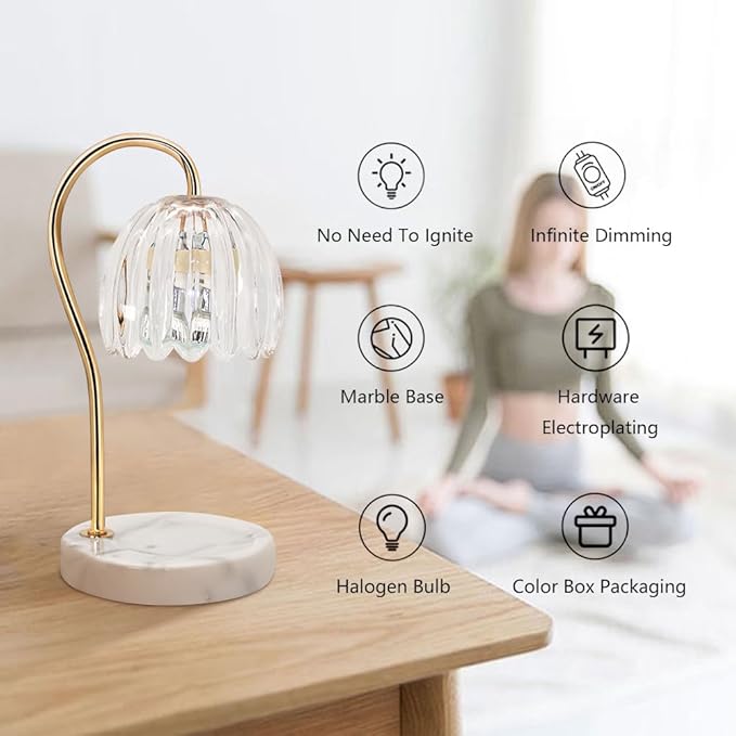Candle Warmer Lamp, Electric Candle Lamp Warmer with 2 Bulbs for Scented Candles, Dimmable Wax Melt Warmer with Marble Base for Home Bedroom Décor Aesthetic House Warming Gifts