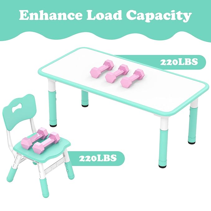 INFANS Kids Table and Chiar Set, Height Adjustable Toddler Desk and 4 Chairs with Graffiti Desktop Non-Slip Legs, Large 47" L x 23.5" W Multi-Activity Art Table for Daycare Classroom Home (Green)
