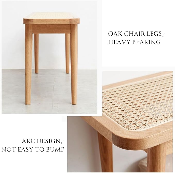 47.2'' Natural Rattan Dining Bench with 100% Solid Oak Wood Bench Frame, Bed End Shoe Ottoman for Kitchen Bedroom Entryway, Natural Oak