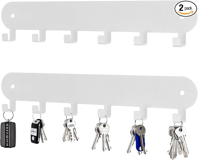 2 Pack Key Holder for Wall,Key Hooks,Key Holder Wall Mount Self Adhesive, Key Hooks for Wall Key Rack Wall Mount for No Drill for Living Room, Kitchen, Bathroom, Garage (White, 6 Hooks)