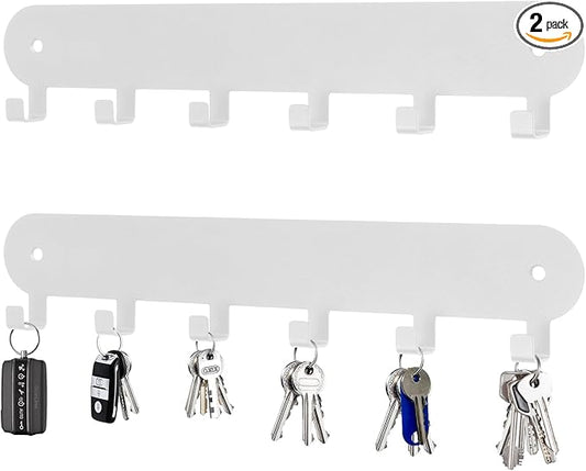 2 Pack Key Holder for Wall,Key Hooks,Key Holder Wall Mount Self Adhesive, Key Hooks for Wall Key Rack Wall Mount for No Drill for Living Room, Kitchen, Bathroom, Garage (White, 6 Hooks)