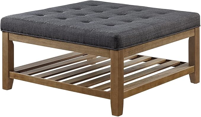 24KF Large Square Upholstered Tufted Linen Ottoman Coffee Table, Large Footrest Ottoman with Solid Wood Shelf- Charcoal