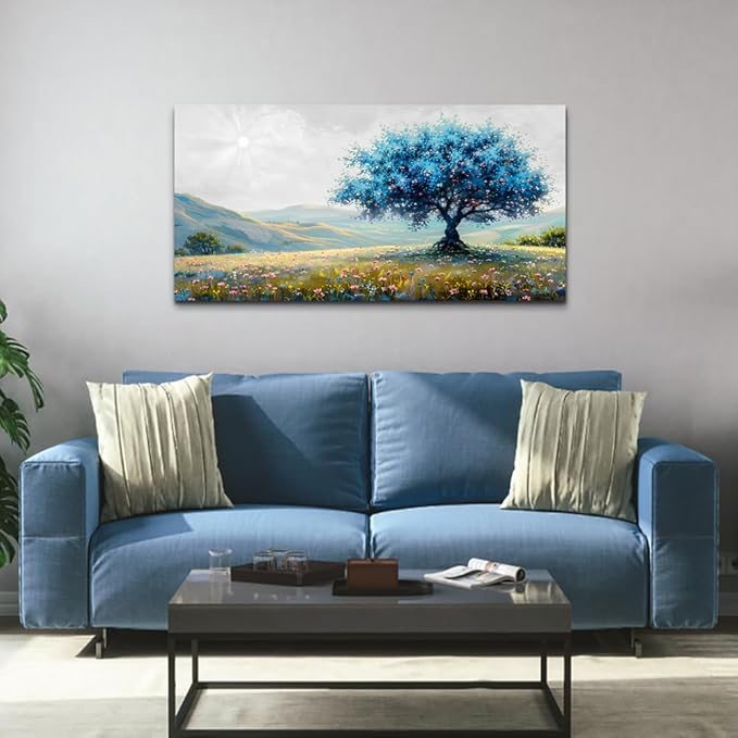 FUHAIHUA Canvas Wall Art For Living Room Modern Wall Decor For Bedroom Office Wall Decoration Pastoral Landscape Painting Blue Tree Pictures Artwork Ready To Hang Room Aesthetic Home Decor 20x40 In