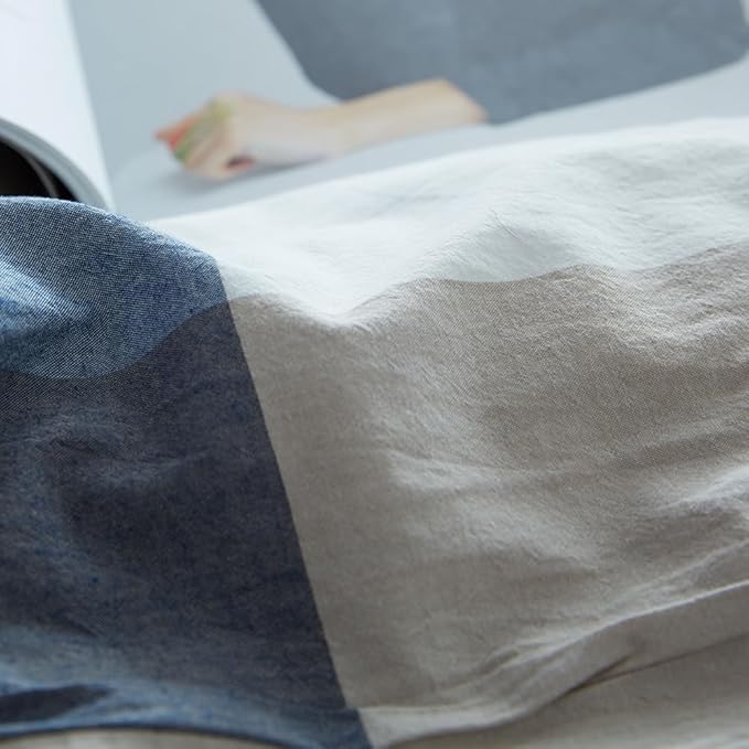 FACE TWO FACE Bedding Duvet Cover Set100% Washed Cotton Duvet Cover Linen Like Textured Breathable Durable Soft Comfy (Full, Blue and White Grid)