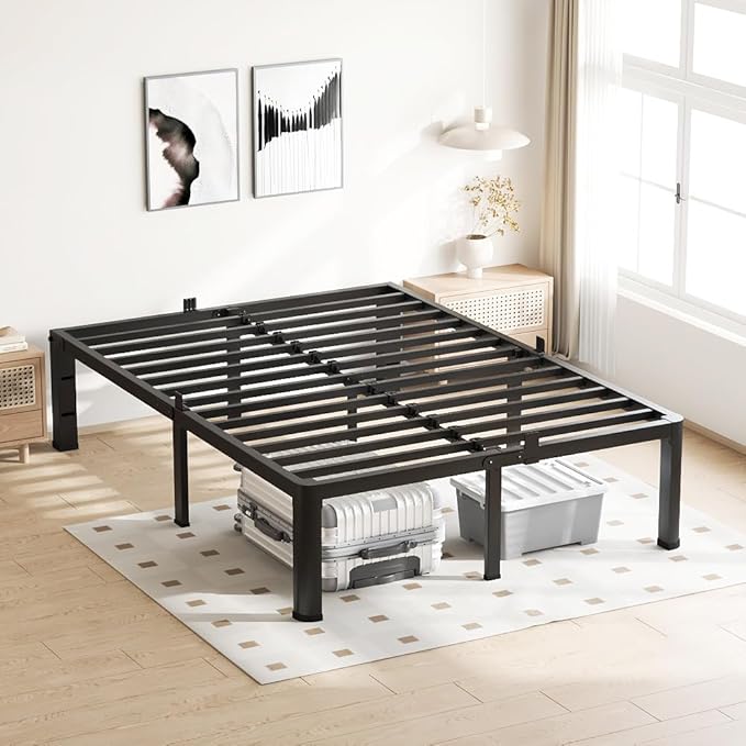 14 Inch California King Bed Frame, 3500Lbs Heavy Duty Metal Platform with Round Corner Legs Mattress Slide Stopper, Steel Slat Support No Box Spring Needed, Noise Free, Non-Slip, Easy Assembly