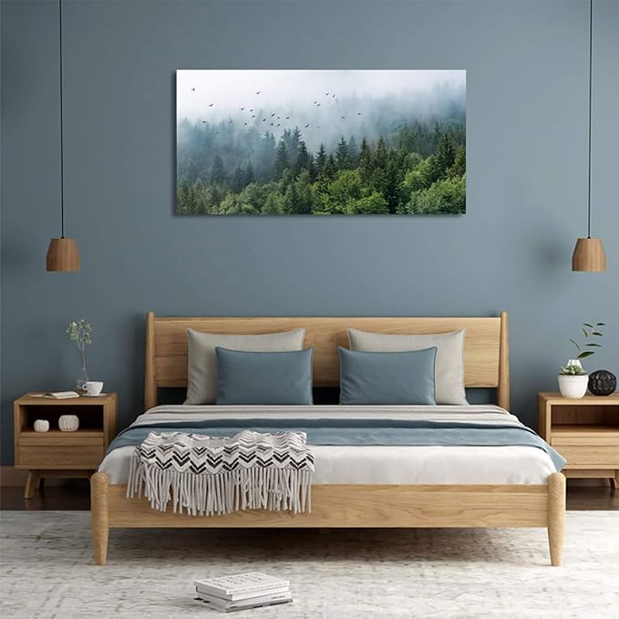 Green Forest Wall Art Tropical Forest Mountain Bird Contemporary Canvas Pictures Modern Artwork Framed for Bathroom Bedroom Nursery Living Room Home Office Kitchen Wall Decor 29" x 58"