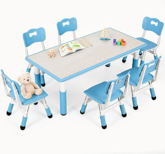 Arlopu Kids Table and 6 Chairs Set, Height Adjustable Graffiti Desk, Preschool Activity Art Craft Table, for Daycare Classroom Home Boys and Girls Age 3-12 (Blue)