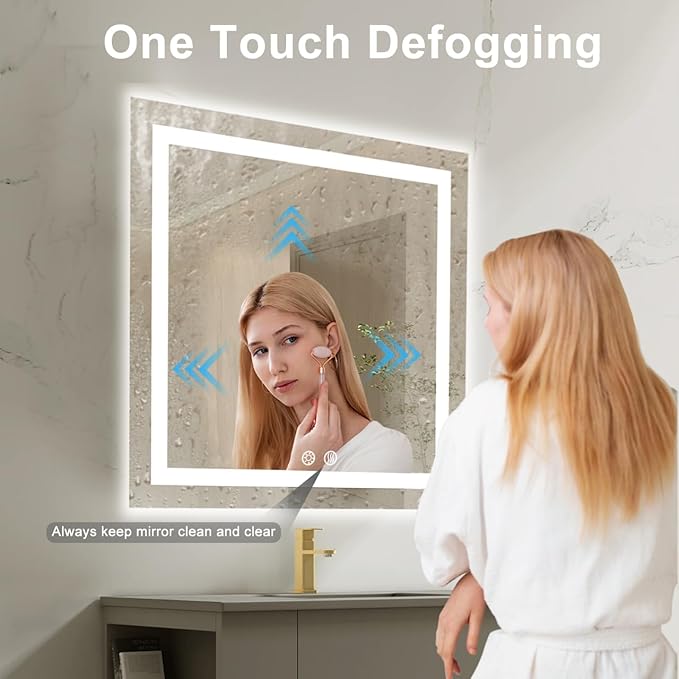 24 X 24 Inch Square LED Bathroom Vanity Mirror, 3 Colors Light Dimmable, Wall Mounted Memory Lighted Makeup Mirror with Anti-Fog Touch Switch (Front-lit&Backlit)