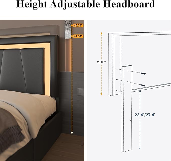 Full Bed Frame with 4 Storage Drawers and Adjustable Headboard, Upholstered Platform Bed with LED Lights and USB Ports, Solid Wooden Slats Support, Faux Leather, Easy Assembly, Black