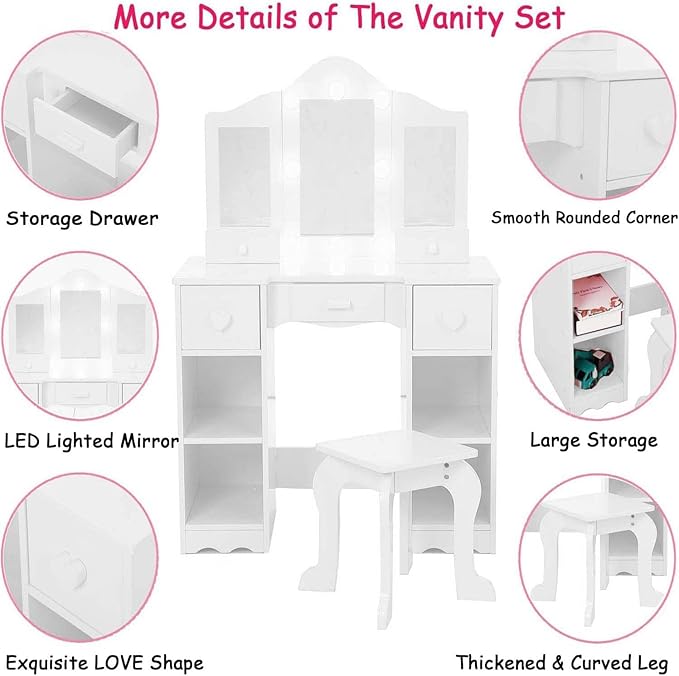 Kids Vanity Set With Mirror, 2 in-1 Wooden Toddler Vanity Table With Stool, Tri-Folding Mirror & Drawer,Princess Pretend Play Makeup Vanity Princess Makeup Desk Dressing Table for Little Girls