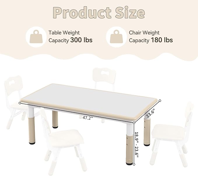 Adjustable Kids Table, Arts and Crafts Child Table with Graffiti Desktop, 7 Level Height Adjustable Children Table for Ages 3-8, Easy to Wipe Toddler Desk for Classrooms/Daycares/Homes