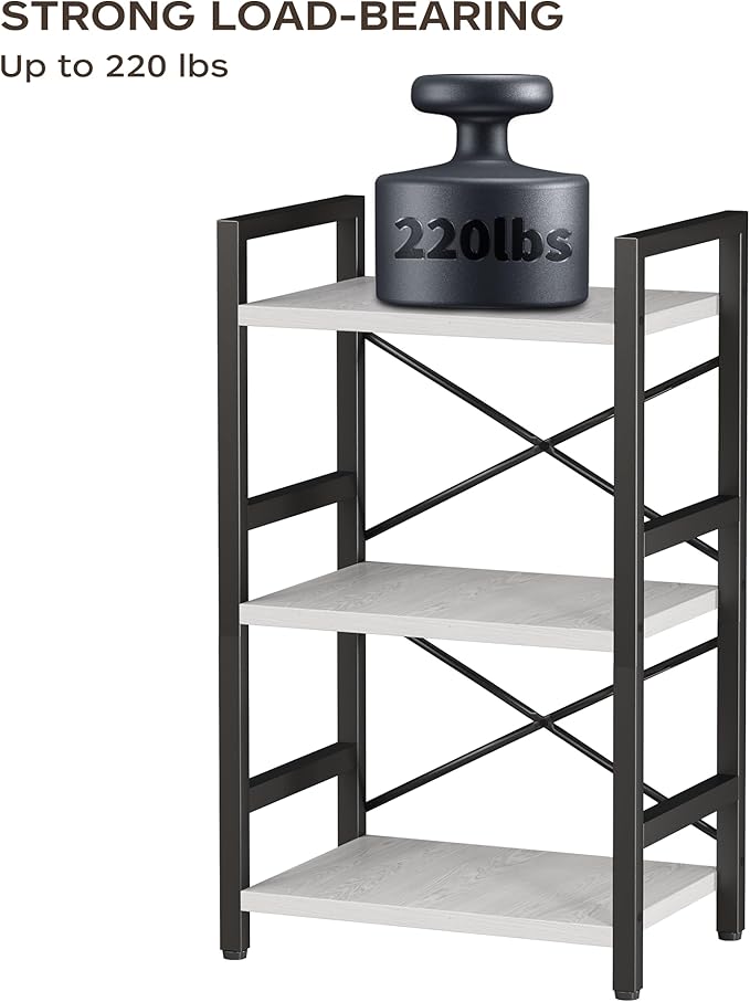 Homeiju Bookshelf, 3 Tier Industrial Bookcase, Metal Small Bookcase, Rustic Etagere Book Shelf Storage Organizer for Living Room, Bedroom, and Home Office(White) Patent Pending D29873033