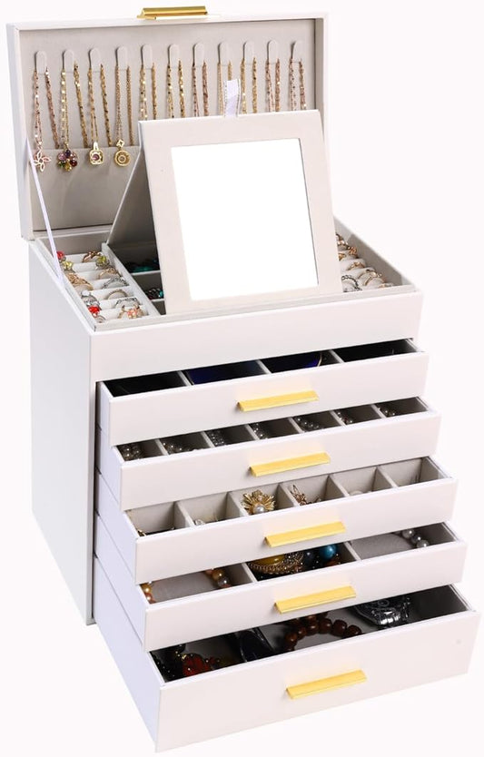 BOOVO Jewelry Box with Necklace Hanger – 6 layer Jewelry Organizer for Women with 5 Drawers, Large Jewelry Storage Boxes –Jewelry Organizers and Storage for Earrings, Necklaces (White, 6 layer)