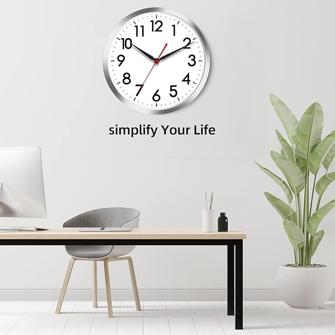 AKCISOT Wall Clock 14 Inch Large Silent Wall Clocks Battery Operated, Silver Modern Non-Ticking Clock Decorative for Living Room,Kitchen,Bathroom,Bedroom,Office,Home,Classroom,School