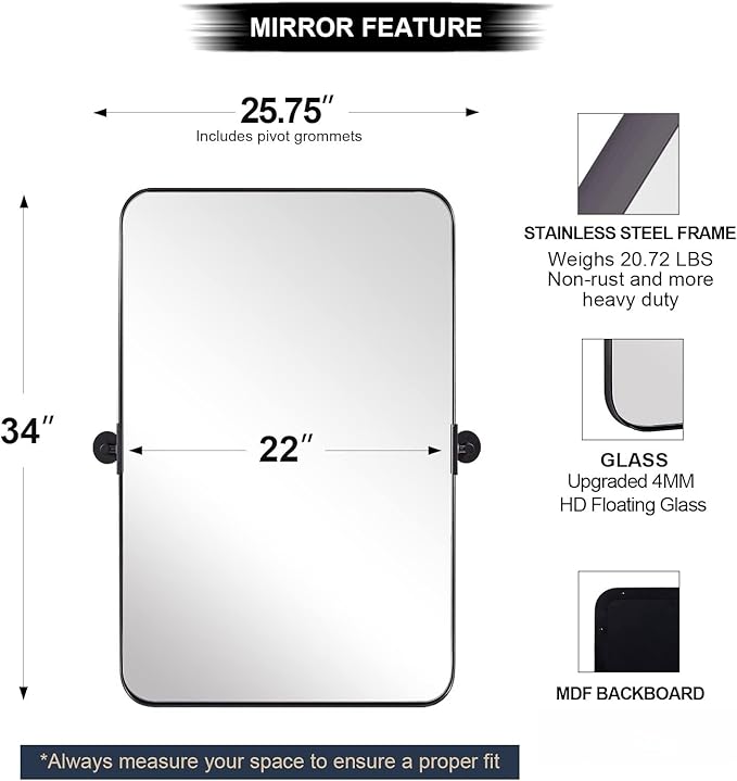 ANDY STAR 22"x34" Matte Black Pivot Mirror for Bathroom, Metal Frame Bathroom Mirrors for Wall，Rectangle Titling Vanity Wall Mirror with Rounded Corner Design Hangs Vertically Only