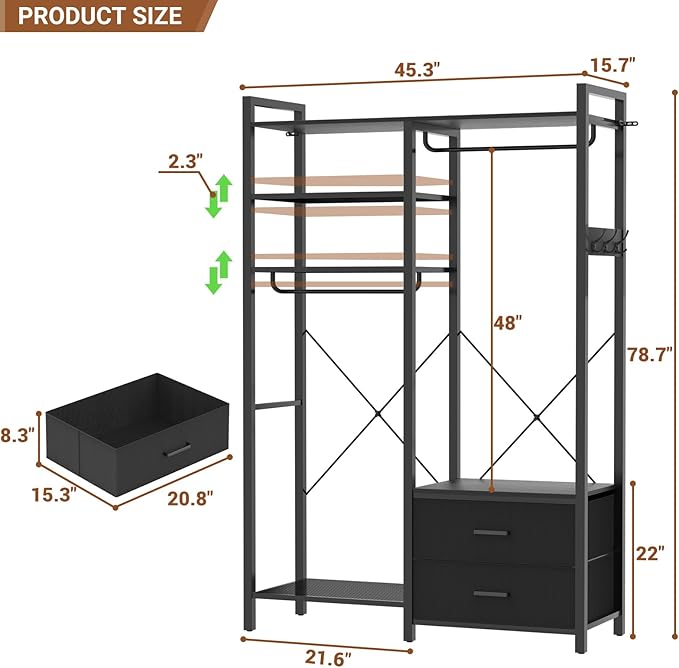 78.7'' Clothes Rack for Hanging Clothes - Reversible Clothing Rack with 2 Drawers, Heavy Duty Garment Racks with Shelves, 6 Tiers Freestanding Portable Closet Wardrobe System with Hanging Hooks, Black