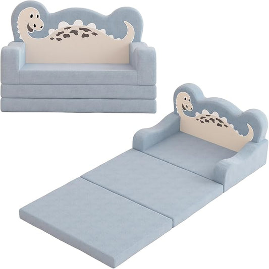 2-in-1 Kids Couch Fold Out, Convertible Toddler Couch to Lounger, Toddler Chair Comfy, Kids Sofa for Girls and Boys, Gift for Birthday, Children's Day, Dinosaur Blue