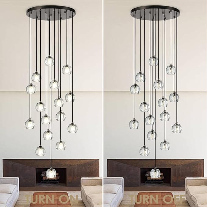 High Ceiling Foyer Chandelier, Brushed Black 16 Lights Crystal Staircase Chandelier, Modern Cut Pendant Raindrop Cluster Lighting Fixture for Entryway Living Room