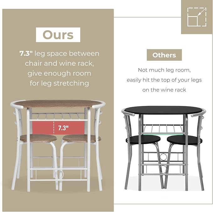 VINGLI 3 Piece Dining Set,Small Kitchen Table Set for 2,Breakfast Table Set,Kitchen Wooden Table and 2 Chairs for Small Space/Dining Room/Apartment,Metal Frame,Wine Rack,White&Warm Oak