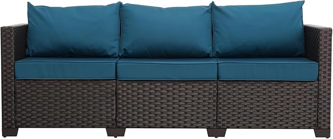 Outdoor Furniture Wicker Outdoor Couch Patio Furniture 3-seat Sofa Deep Seat Hight Backrest Non-Slip Cushions, Peacock Blue