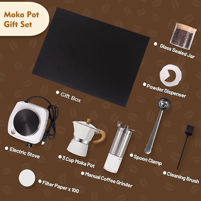 7-in-1 Aluminum Moka Pot Set with Electric Stove Hand Grinder Moka Dispenser Classic Stovetop Espresso Coffee Maker 150ml 5oz Mocha Express Portable Camping Travel Cafe Makers 3 Cup