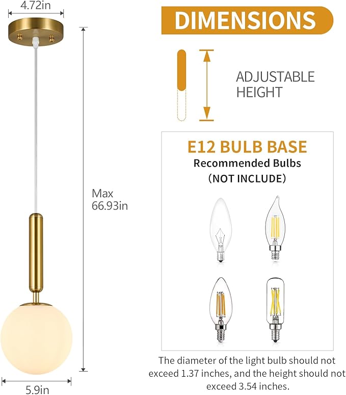 Modern Hanging Light Fixture Pendant Lighting for Kitchen Island Mid Century Gold Pendant Lights with Globe Milky White Glass Pendant Light for Bedroom Bathroom Entryway (3 Pack)