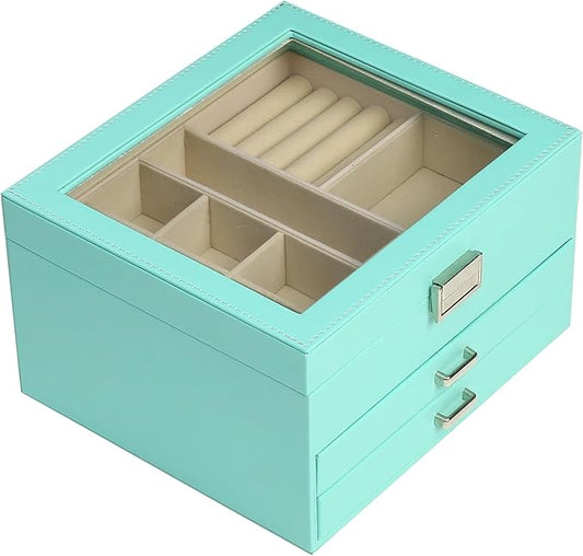 BOOVO Clear Lid Jewelry Box,3 Layers Jewelry Organizer Large Multi-Functional Jewelry Storage Box with 2 Drawers,Jewelry Display Case of Rings Earrings Necklace Bracelets for Women Girls (Turquoise)