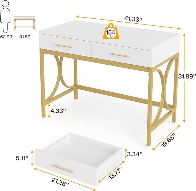 Tribesigns Modern Computer Desk with 2 Drawers, 41 Inches Study Writing Office Desk for Home Office, Bedroom, Makeup Vanity Table Desk with Gold Metal Frame, White & Gold