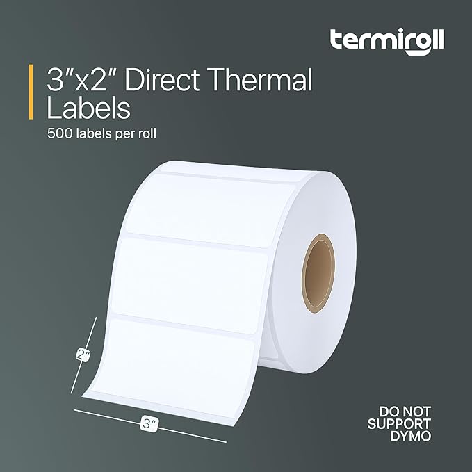 3x2 Thermal Label for Barcodes & Address - Perforated - 500 Labels/Roll - Compatible with Most Direct Thermal Printers Rollo, Zebra - Strong Adhesive, BPA-Free, Commercial Grade (3"x2", 500, Count)