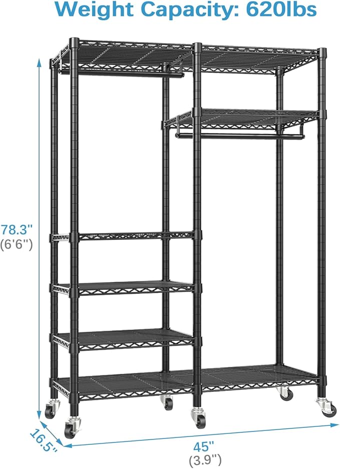 VIPEK R4 Garment Racks Heavy Duty Clothes Rack -620lb Capacity Metal Frame, Rolling Lockable Wheels & 6 Tiers Adjustable Height Shelves & Hanger Rods, Sturdy Wardrobe Closet for Home Storage, Black