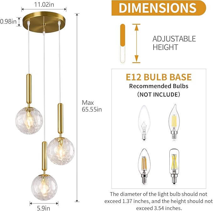 Mid Century Globe Pendant Light with Clear Glass for Kitchen Island Modern Gold Finish Hanging Light Fixture Retro Round Pendant Lighting for Living Room Bedroom Entryway(3 Lights)