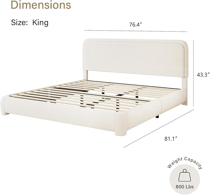 BarnFurin Boucle Upholstered Bed Frame King Size/Cloud Bed Frame/Soft Rounded Corners Headboard/Low Profile/No Box Spring Needed/Cream