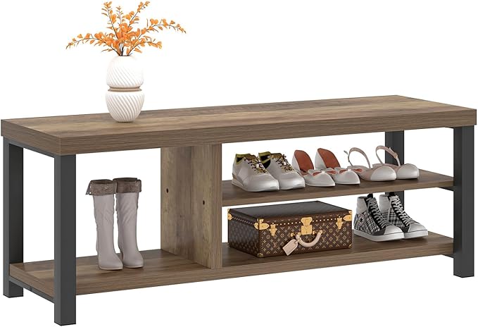 FOLUBAN Shoe Storage Bench, Industrial Entryway Bench, Modern Indoor Wood and Metal Shoe Rack Bench Seat for Bedroom, Hallway, Living Room, Rustic Oak, 47 Inch