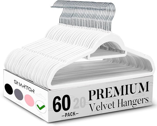 Smartor White Velvet Hangers 60 Pack, Space Saving Clothes Hangers with Tie Bar, Non-Slip Felt Hanger with Shoulder Notches, Heavy Duty Suit Hanger for Coat, Shirt, Pants, Dress