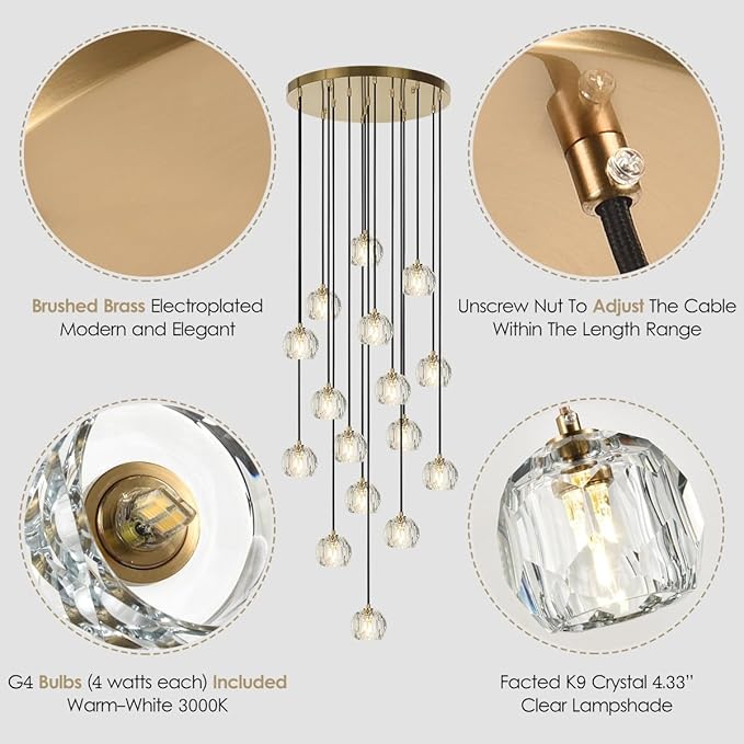Foyer Crystal Chandelier, 16 Lights Brushed Brass High Ceiling Pendant Chandelier, Modern Cut Crystal Raindrop Entryway Lighting Fixture for Staircase