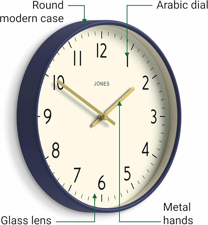 JONES CLOCKS® Studio Wall Clock | Modern Round Clock | 12 inch | Dark Navy Blue | Easy to Read Numbers | Versatile Design for Kitchen, Living Room or Office