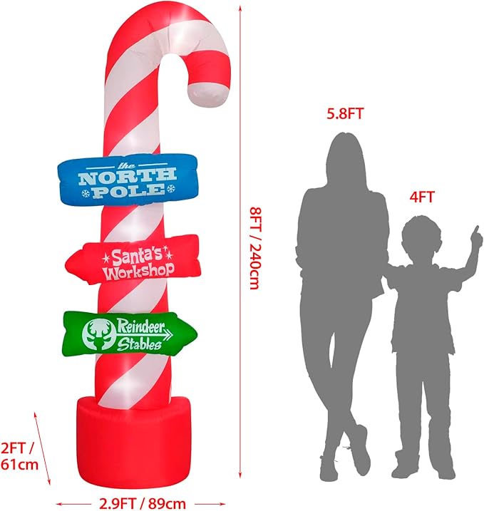 8ft Outdoor Candy Cane Stacking Sign Inflatables with LED Lights - Blow Up Yard, Garden, Lawn Decorations for Christmas Parties