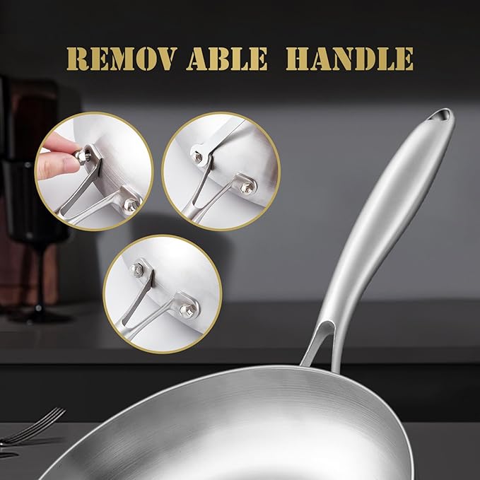 12 Inch Tri-Ply Stainless Steel Frying Pan, Skillet, pan, Induction Cooking Pan, Dishwasher and Oven Safe, Fast & Even Heat, Heavy Duty and Detachable Handle，Fried steak&fried eggs