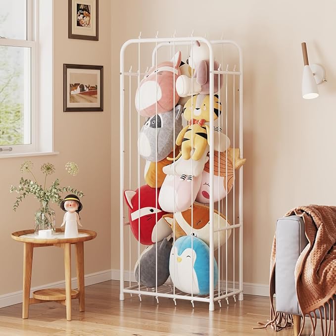 Stuffed Animal Storage Zoo Toy Organizer Corner Plush Metal Chest Extra Large Holder Standing Space Save Vertical With Elastic For Nursery Kids Room,White (White, Large)