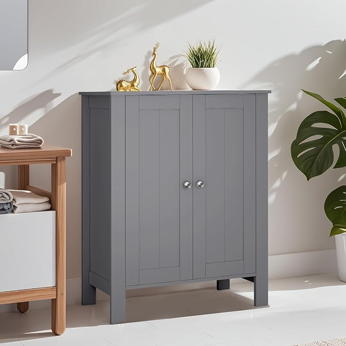 Bathroom Cabinet, Modern Bathroom Floor Storage Cabinet, Freestanding Organizer with Adjustable Shelves & Double Doors, 3-Tier Home Living Room Furniture