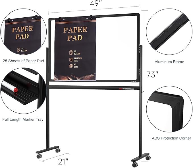 Mobile Clear Glass Whiteboard on Wheels - TANKEE 48" x 32" Dry Erase Board with Stand, Large Rolling White Board with 25 Sheets Paper Pad, Transparent Tempered Glass Board for Office Home School