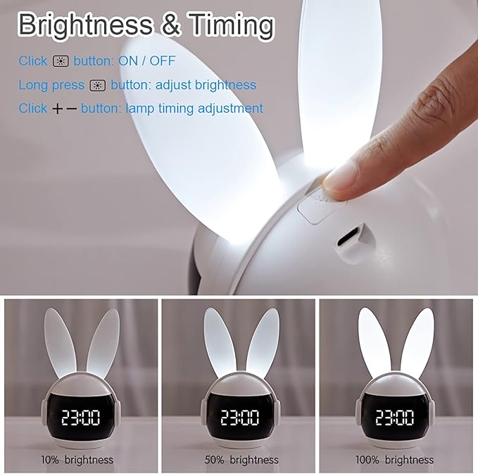 Kids Alarm Clock for Kids, Bunny Alarm Clocks for Girls Boys, White Kid Alarm Clock with Ringtones & Night Light Rechargeable Snoozing